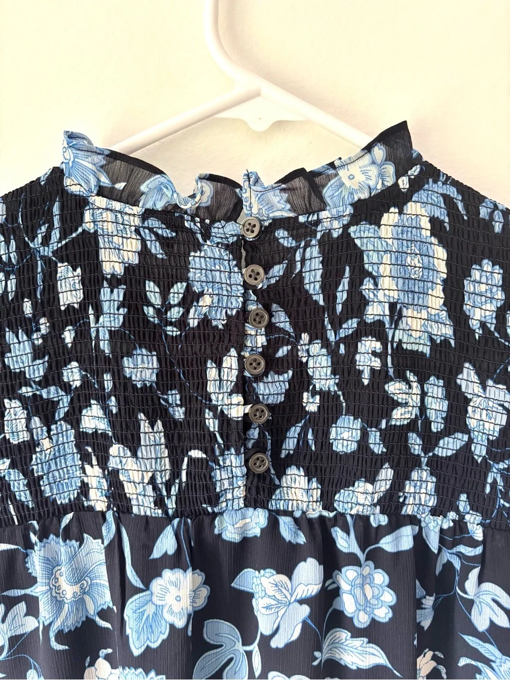J.Crew Ruffle Neck Chiffon Top Midnight Blue Black Floral Pattern Smocked Ruffle